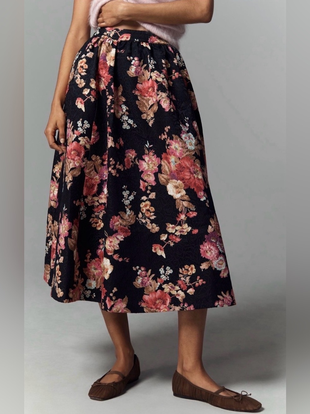 NWT MAEVE The Jacie Floral Jacquard Midi Skirt Black Anthropologie XL
